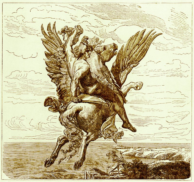 Perseus på den bevingede hest Pegasus, med Medusas hoved, illustration fra The Illustrated History of the World, udgivet ca. 1880 (digitalt forbedret billede) af English School