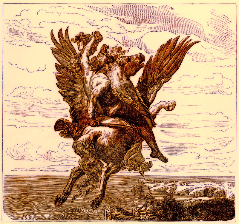 Perseus på den bevingede hest Pegasus, med Medusas hoved, illustration fra The Illustrated History of the World, udgivet ca. 1880 (digitalt forbedret billede) af English School