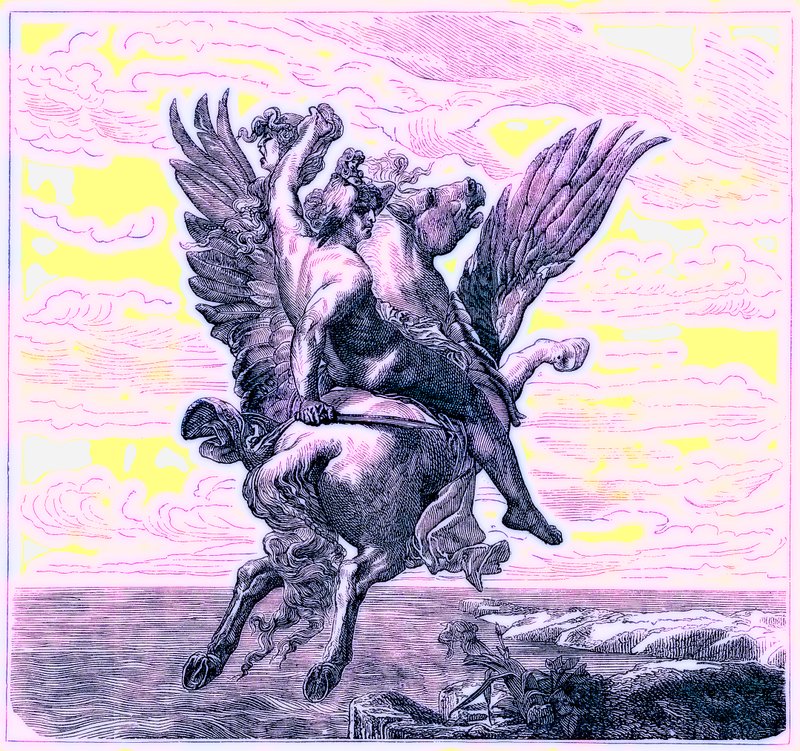 Perseus på den bevingede hest Pegasus, med Medusas hoved, illustration fra The Illustrated History of the World, udgivet ca. 1880 (digitalt forbedret billede) af English School