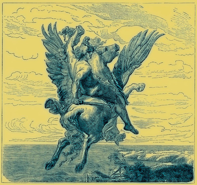 Perseus på den bevingede hest Pegasus, med Medusas hoved, illustration fra 