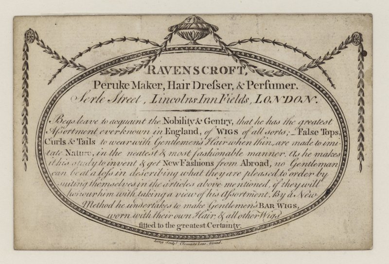 Peruke maker, Ravenscroft, handelskort af English School