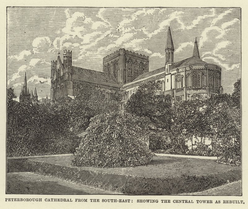 Peterborough Cathedral fra sydøst, der viser Central Tower som genopbygget af English School
