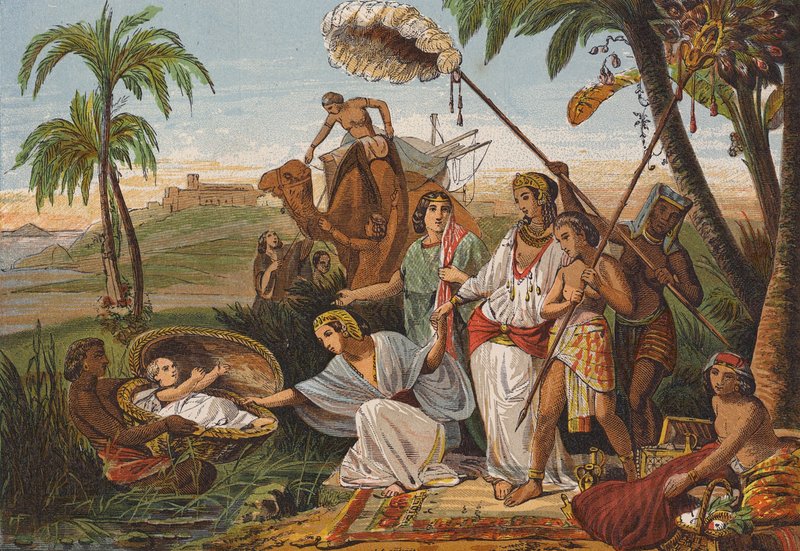 Faraos datter finder Moses i rørskoven (farvelitografi) af English School
