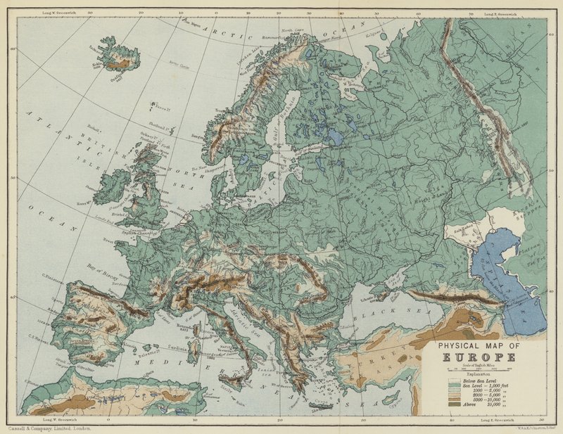 Fysisk kort over Europa (farvelitografi) af English School