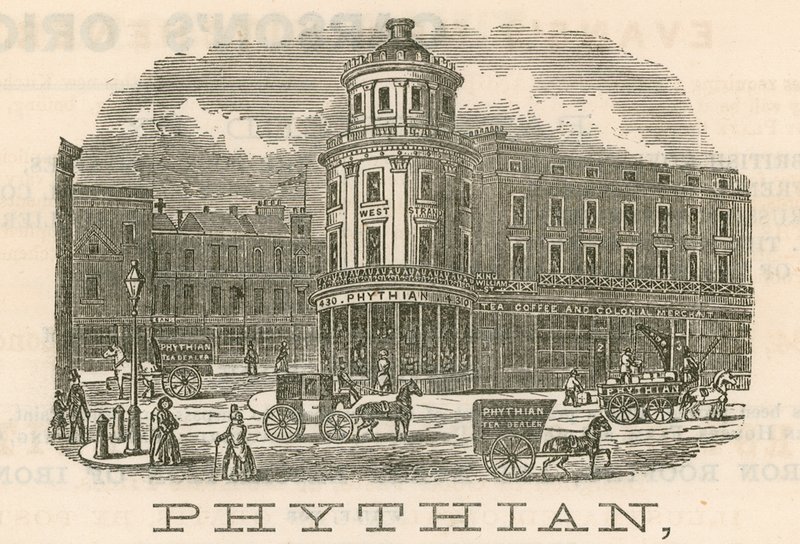 Phythian, engros- og familietehandler og udenlandsk lagermand, 430 West Strand og 1-3 King William Street, London af English School