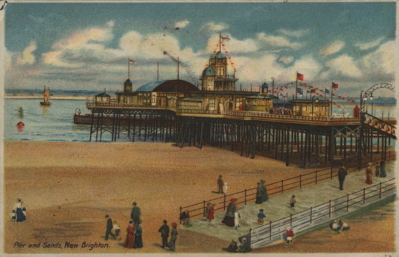 Mole og sand, New Brighton, Merseyside (farve litho) af English School