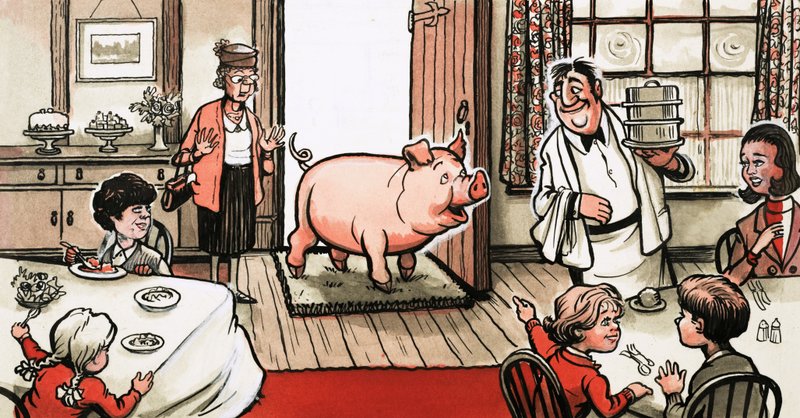 Gris på vej ind i en restaurant af English School