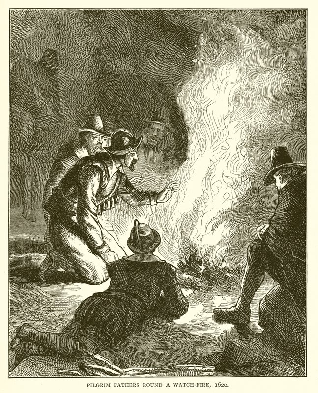 Pilgrimsfædre runder en vagtbål, 1620 af English School