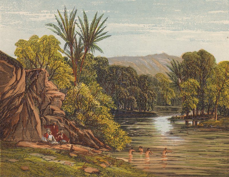 Pilgrimme bader i Jordanfloden (farvelitografi) af English School