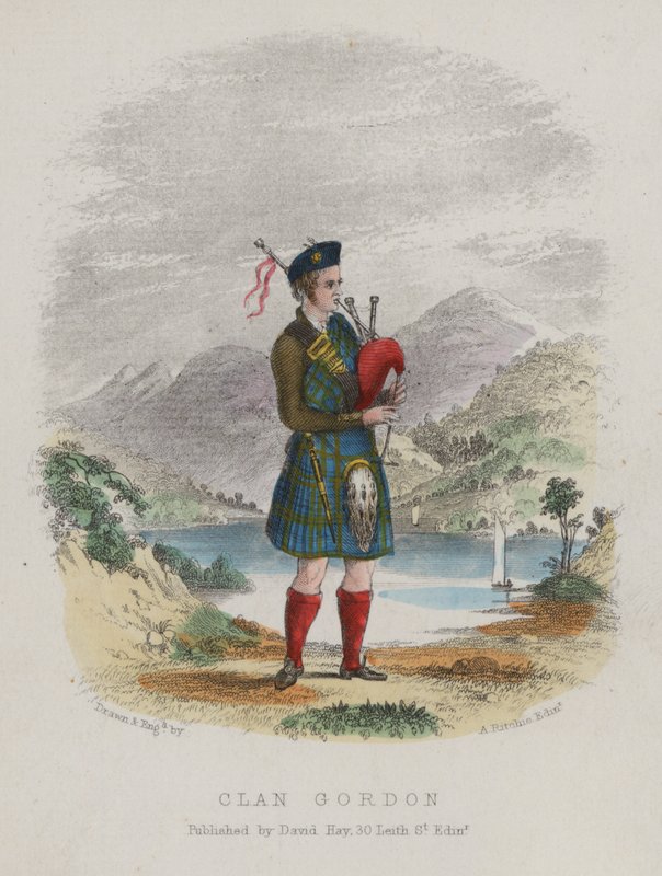 Piper of Clan Gordon, Skotland (farvet gravering) af English School