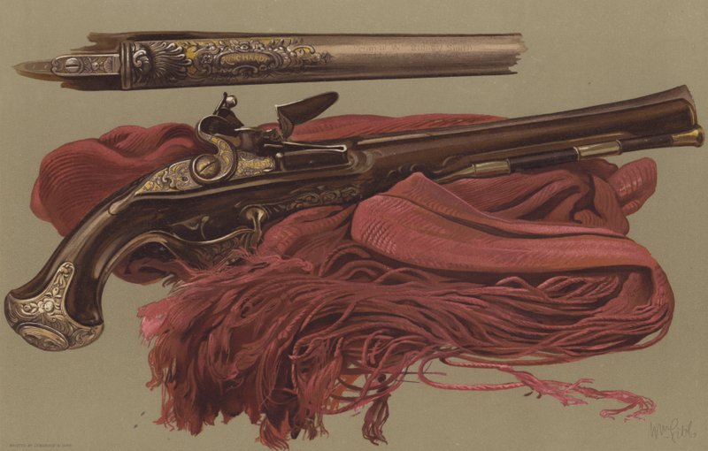 Sir Ralph Abercrombies pistol og skærf, som Sir John Moores lig blev sænket ned i graven med (chromolitho) af English School