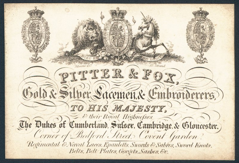 Pitter & Fox, guld og sølv blondemand & broderier, handelskort af English School