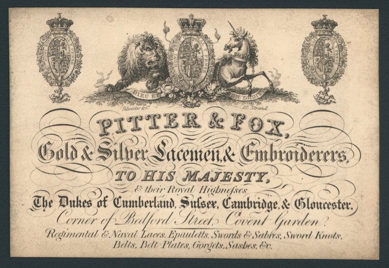 Pitter and Fox, Gold and Silver Laceman and Embroiderers, Bedford Street, Covent Garden, trade card af English School