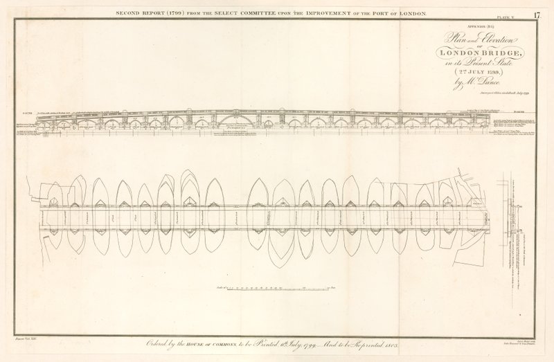 Plan og elevation af London Bridge den 2. juli 1799 af English School