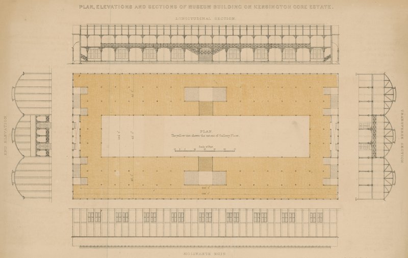 Plan, forhøjninger og sektioner af museumsbygning på Kensington Gore Estate af English School
