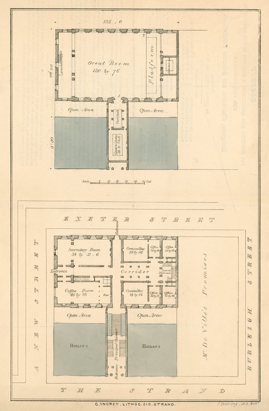 Plan for bygninger på tidspunktet for en foreslået udvidelse af The Strand i nærheden af Exeter Change af English School