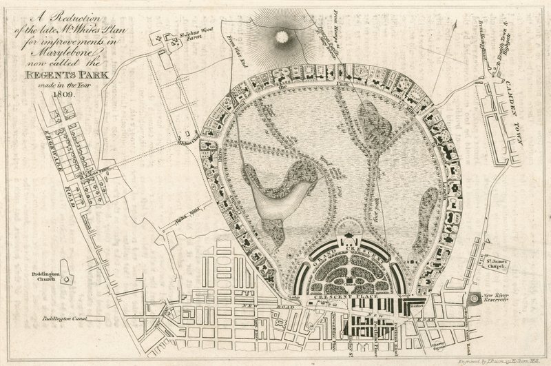 Plan for forbedringer i Marylebone, London, nu kaldet Regents Park, lavet i år 1809 af English School