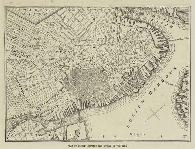 Plan over Boston, der viser omfanget af ilden (gravering) af English School