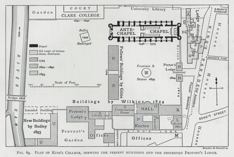 Plan of King "s College, shewing the present buildings and the destroyed Provost" s Lodgedani af English School