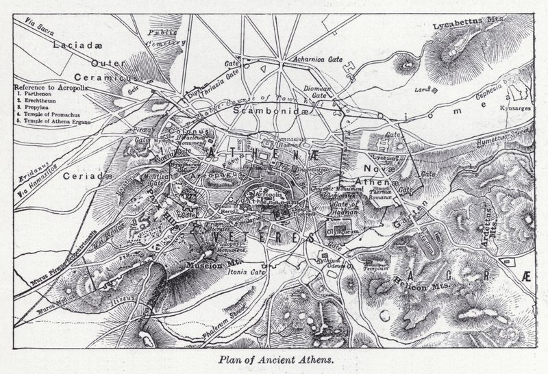 Plan over det gamle Athen (litho) af English School