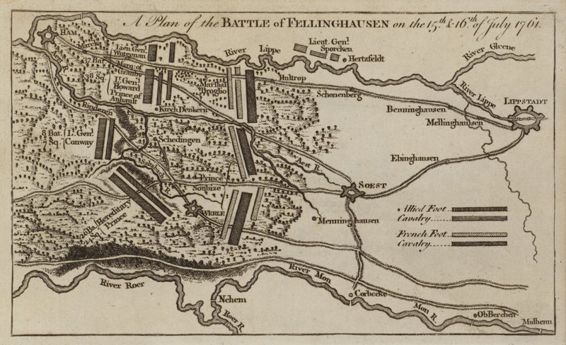 Plan for slaget ved Villinghausen, Tyskland, syvårskrig, 15-16 juli 1761 af English School