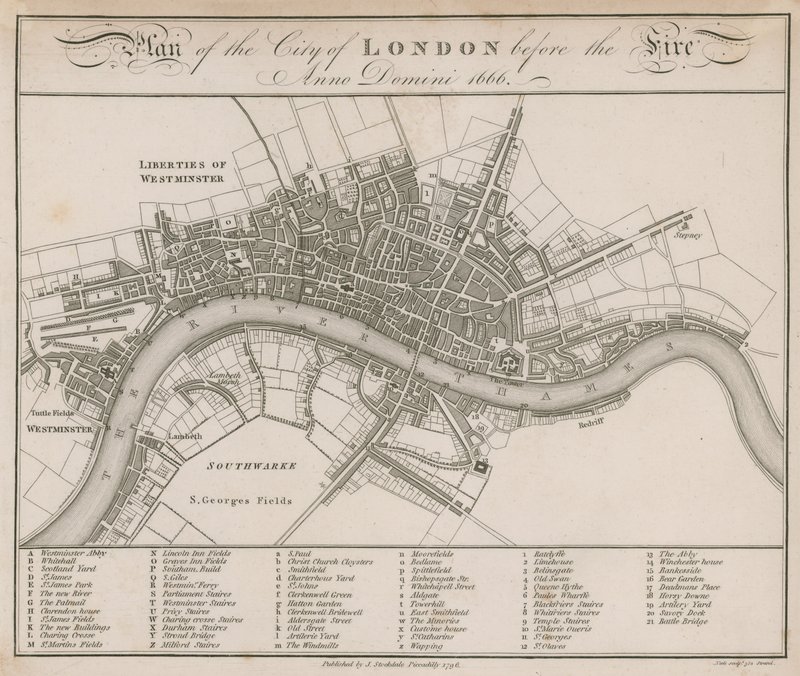 Plan for City of London før branden i 1666 af English School