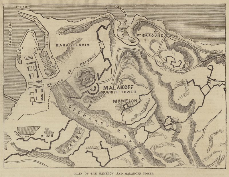 Plan over Mamelon og Malakoff Tower (gravering) af English School