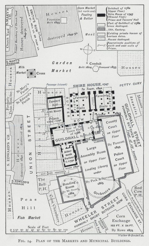 Plan over markederne og kommunale bygninger (gravering) af English School