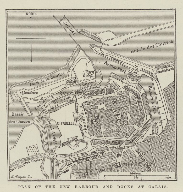 Plan over den nye havn og havnen i Calais (gravering) af English School