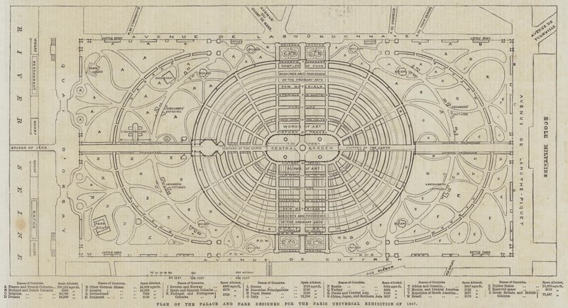 Plan over paladset og parken designet til verdensudstillingen i Paris i 1867 (gravering) af English School