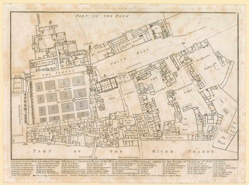 Plan over Palace of Whitehall, taget under Charles II