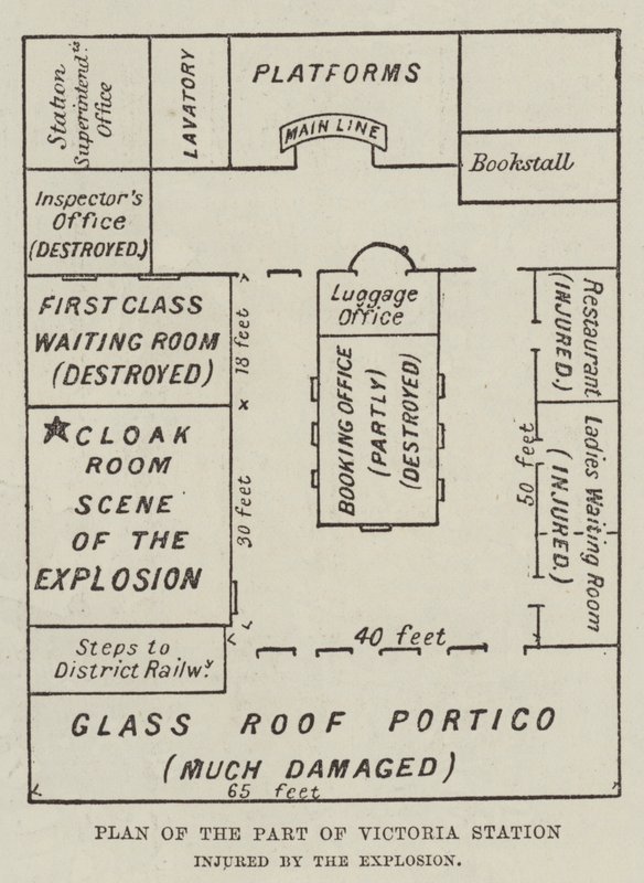 Plan over den del af Victoria Station, der blev såret af eksplosionen (gravering) af English School