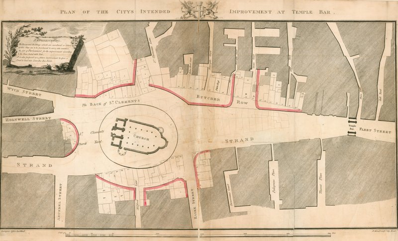 Plan over byens påtænkte forbedring i Temple Bar, London af English School