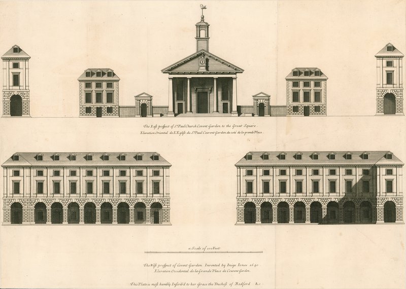 Plan over den østlige udsigt til St. Pauls Church, Covent Garden og den vestlige udsigt til Covent Garden af English School