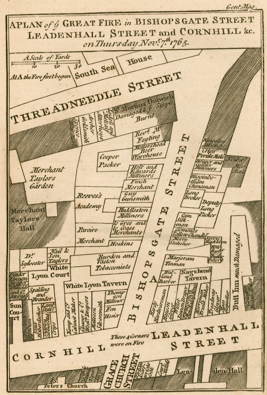 Plan for branden i Bishopsgate Street, Cornhill og Leadenhall Street, London, som begyndte den 7. november 1765 af English School