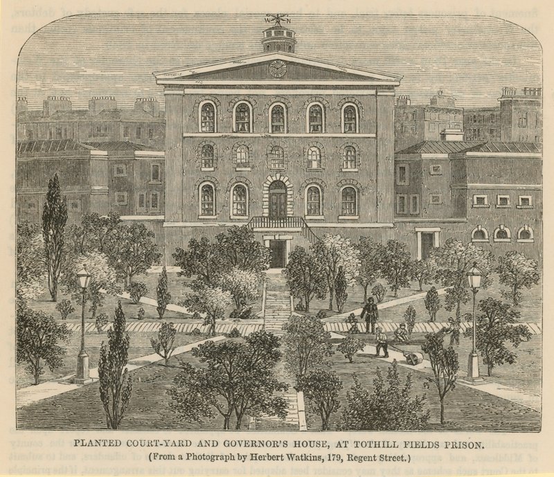 Beplantet gårdhave og Governors House ved Tothill Fields Prison af English School