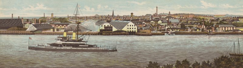 Plymouth: Devonport og HMS Devastation (farve litho) af English School