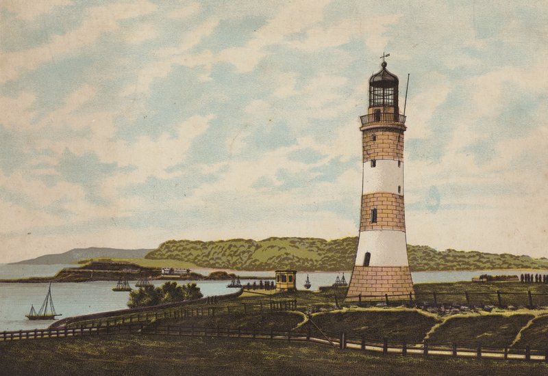 Plymouth: Smeaton Lighthouse on the Hoe (farve litho) af English School