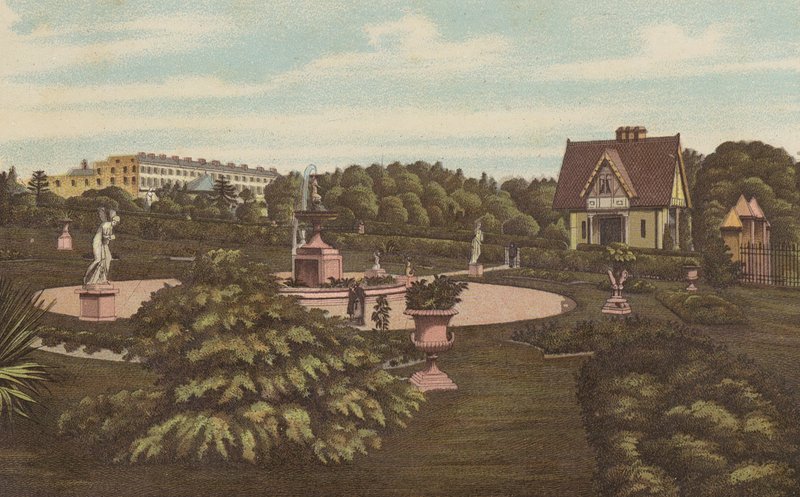 Plymouth: Swiss Lodge and Gardens, Devonport Park (farve litho) af English School