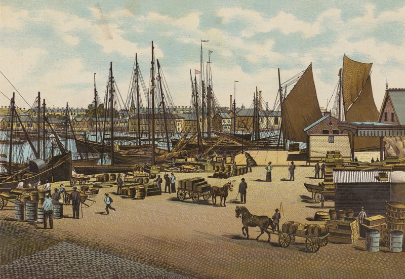 Plymouth: The Barbican, Plymouth (farve litho) af English School