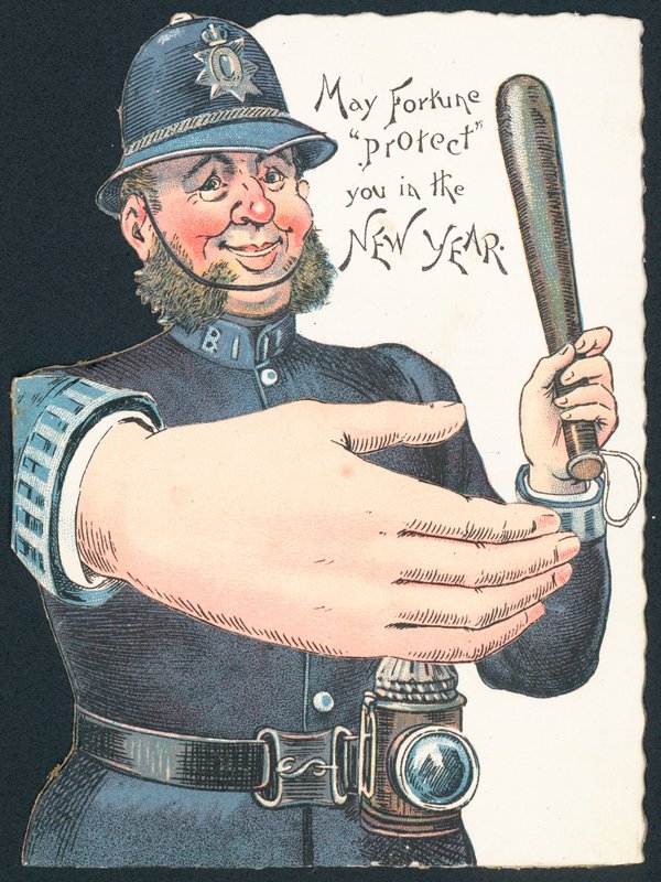 Politimand, der holder knipler med stor hånd, nytårskort af English School