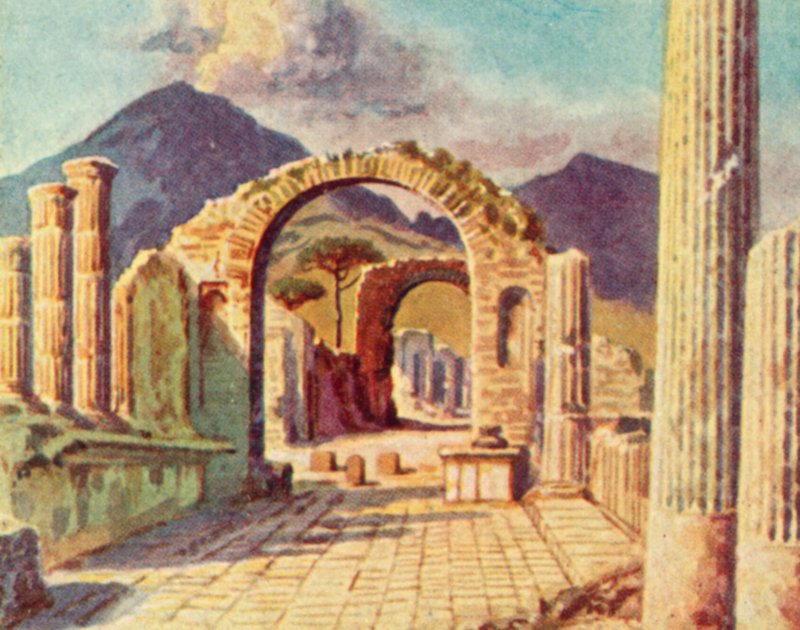 Pompeji, udsigt mod Vesuv (farvelitografi) af English School