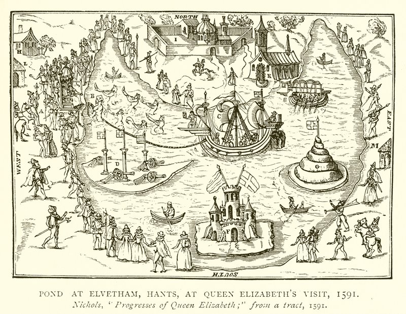 Dam ved Elvetham, Hants, ved Dronning Elizabeths besøg, 1591 af English School