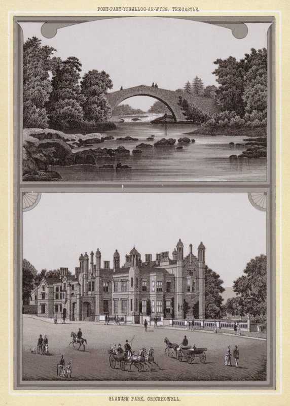 Pont-pant-scallog-on-usg, Trecastle; Glanusk Park, Crickhowell (litho) af English School