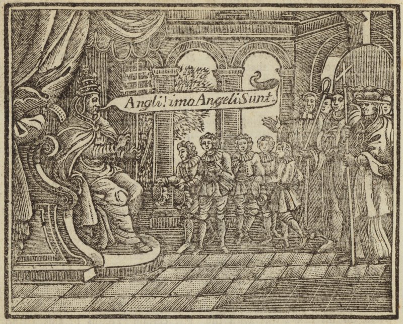 Pope Gregory and the Angeli: Gregory the Great encountering Anglo-Saxon youths at a slave marketdani af English School