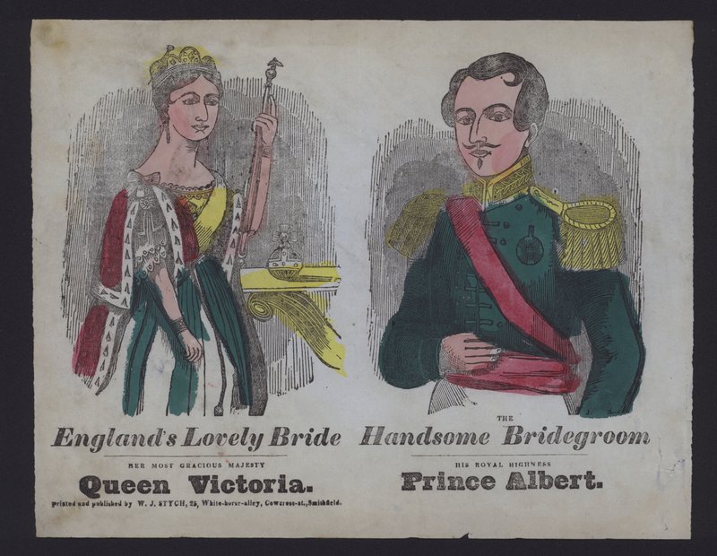 Populær illustration, der fejrer dronning Victorias og prins Alberts bryllup (farvet gravering) af English School