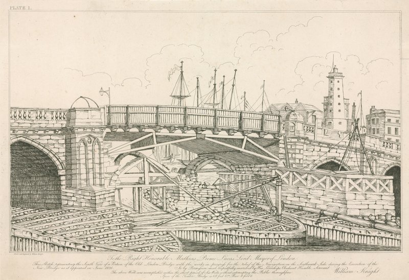 Del af Old London Bridge, tegnet i 1826 under anlægsarbejder af English School