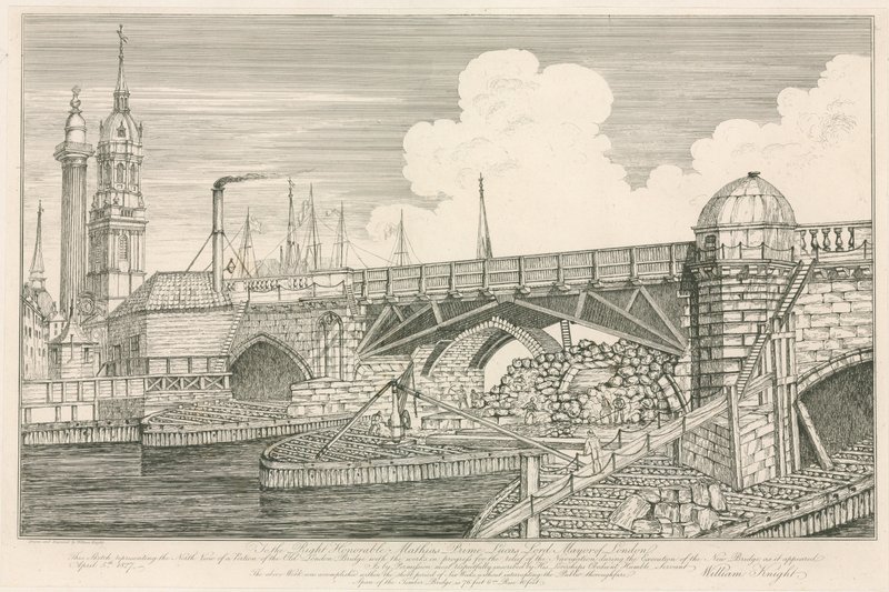 Del af Old London Bridge, tegnet i 1827 under byggearbejde af English School
