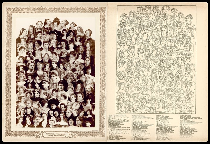 Portrætmontage, ca. 1910: Fremtrædende kvinder, litterære og historiske (litografi) af English School