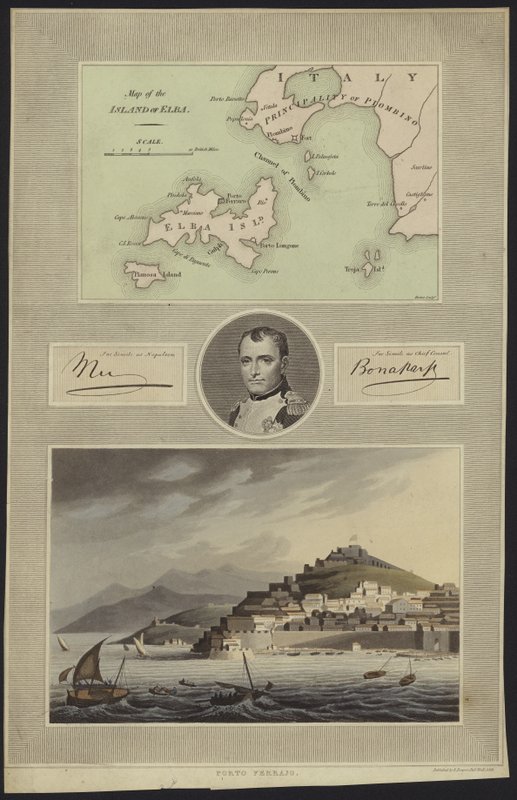 Portræt af Napoleon Bonaparte med et kort og udsigt over Elba af English School